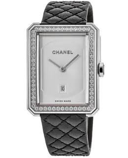 Chanel Boy-Friend Steel Silver Dial Diamond Bezel Leather Strap Women's Watch h6402