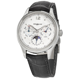 Pre-owned Montblanc Heritage Perpetual Calendar White Dial Unisex Watch 119925 - Stainless Steel Case, Grey Alligator Leather Strap