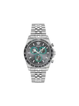 Versace Greca Chrono 29742566 Silver Case Round Chronograph Grey Dial Teal Accents Medusa Head Bezel Swiss Quartz Movement Screw-in Crown