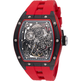 Invicta S1 Rally Automatic Black Dial Mens Watch 49017. Silver-tone stainless steel case, red silicone strap, fixed black bezel, analog black dial with silver hands and markers.