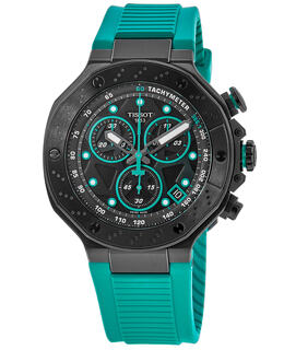 Men's Tissot T-Race Chronograph [model:t141.417.37.051.01] Black Dial, Green Rubber Strap