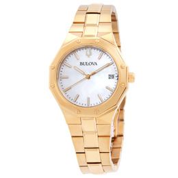 Bulova Prestige Quartz Mother of Pearl Dial Ladies Watch 97M1119 Gold-tone stainless steel case and bracelet Fixed gold-tone stainless steel bezel Mother of pearl dial with gold-tone hands and index markers Minute markers on outer rim Analog dial type Luminescent hands and markers for low-light visibility Date display at the 3 o'clock position powered by Bulova Calibre 2115 quartz movement Scratch resistant sapphire crystal Solid case back