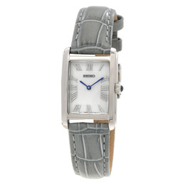 Seiko SWR099P1 - White Dial Ladies Quartz Watch with Silver Stainless Steel Case and Grey Leather Strap