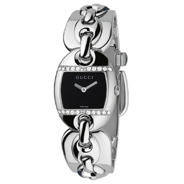 Gucci Marina Chain Quartz Diamond Black Dial Ladies Watch ya121507 Silver-tone stainless steel case with a black leather strap. Fixed silver-tone bezel with diamond set stainless steel.