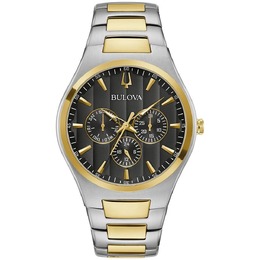 Bulova Classic Quartz Mens Watch 98C144 Silver-tone Stainless Steel Case, Black Dial with Gold-tone Hands and Date/Day Subdials, Two-tone Bracelet