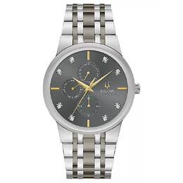 Modern Bul Series Mens Watch Quartz Diamond Grey Dial Stainless Steel Case Two-tone Bracelet Fixed Bezel Day Date Sub-dials Analog Functions Water Resistant