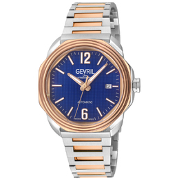 Gevril Roosevelt Automatic Blue Dial Mens Watch 46543B Silver-tone stainless steel case, two-tone bracelet (silver-tone & rose gold-tone), fixed rose gold-tone bezel, blue dial w/ luminescent markers and hands, sapphire crystal, date display at 3 o'clock