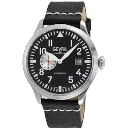 Gevril Vaughn Automatic Black Dial Mens Watch 43512 Silver-tone stainless steel case with black leather strap, fixed silver-tone bezel