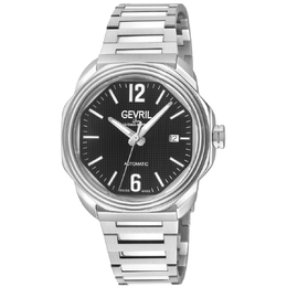 Gevril Roosevelt Automatic Black Dial Mens Watch 46541B Silver-tone stainless steel case and bracelet Fixed silver-tone stainless steel bezel Black dial with silver-tone hands and Arabic numeral & index hour markers Minute markers around the outer rim Luminescent hands and markers Date display at the 3 o'clock position Selita SW200-2 automatic movement Scratch resistant sapphire crystal Pull/push crown Transparent case back Octagon shape, size:42mm thickness:10mm Band width:18mm length:8.5 inches Fold over clasp Water resistance:50m Functions: date hour minute second