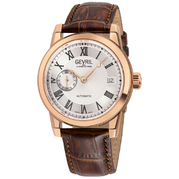 Gevril Madison Automatic Silver Dial Mens Watch 2567, Rose gold-tone stainless steel case and brown leather strap