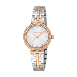 Roberto Cavalli Ladies Watch RC5L078M0075 Snake Core Silver-tone Dial Rose Gold-tone Stainless Steel Case Two-tone Bracelet