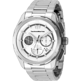 Technomarine OCEAN Chronograph GMT Quartz Silver Dial Mens Watch tm-318091 Two-tone (steel and grey) stainless steel case with a silver-tone stainless steel bracelet. Fixed silver-tone stainless steel bezel. Silver-tone dial with luminous hands and index hour markers, minute scale around the inner rim. Date display between 4 and 5 o'clock position. Chronograph - three sub-dials displaying: 60 second, 60 minute and 24 hour. VD32 quartz movement. Scratch resistant mineral crystal. Pull / push crown. Solid case back. Round case shape, 43 mm size with a thickness of 12.5 mm. Band width is 24 mm, length up to 7 inches. Fold over clasp style. Water resistant at 100 meters/330 feet.