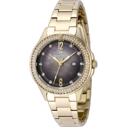 Technomarine Luna Quartz Crystal Ladies Watch tm-826010 Gold-tone stainless steel case and bracelet with fixed ceramic bezel set in crystal