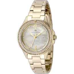 Technomarine TM-826012 Luna Quartz Crystal Ladies Watch Gold-tone Stainless Steel Case & Bracelet, Yellow/White Dial with Arabic Markers