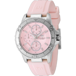 Technomarine Sea Quartz Pink Dial Ladies Watch tm-725013 Silver-tone stainless steel case with pink silicone strap, fixed silver-tone bezel, analog display with date and day sub-dials, 24 hour scale, luminescent markers