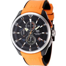 Technomarine Mens Chronograph Quartz Black Dial tm-318128 Three-tone Steel Orange Strap