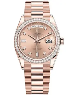 Rolex Day-Date Model M128345RBR-0009: 18kt Rose Gold, Diamond Bezel, Diamond Dial Hour Markers, Women's Watch