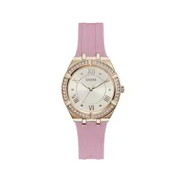 Guess Brand Multicolor Rubber Watch featuring Stainless Steel Golden Case and Pink Bracelet: Model gugw0034l3ac