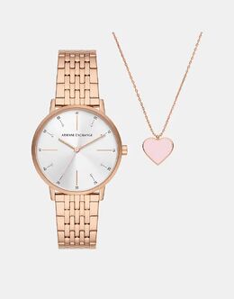 Часы Armani Exchange с тремя стрелками из нержавеющей стали оттенка розового золота и колье из нержавеющей стали оттенка розового золота, выполненное из розового золота 141947320 | rose gold