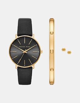Женские часы Michael Kors Pyper с тремя стрелками, из нержавеющей стали золотистого оттенка и подарочный набор из ювелирных изделий — ЧЕРНЫЙ 143150175 | black