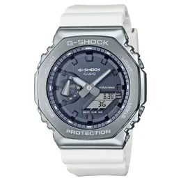 Casio White Synthetic Watch cagm2100ws7aerac with Analog/Digital Display, Stainless Steel Grey Case, Silicone White Bracelet