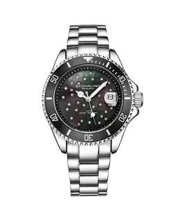 Женские часы Diver с корпусом, украшенным кристаллами кварца, перламутровым циферблатом и браслетом из нержавеющей стали Stuhrling, черный 17607661 | black