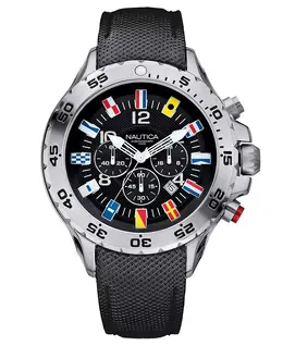 Мужские часы N16553G NST Chrono Flags с черным ремешком из смолопокрытой кожи Nautica, мультиколор 8773428 | black/silver