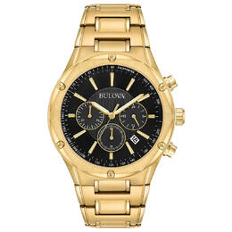 Bulova Men's Misc Classic Chronograph Quartz Watch 97b161 - Yellow Gold-Tone Stainless Steel Case and Bracelet, Black Dial with Analog Display, Date Function