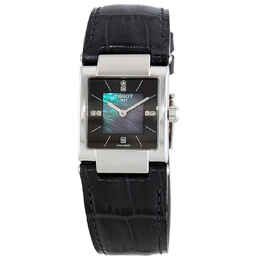 Tissot T02 Ladies Watch t090.310.16.126.00, 31.6mm Stainless Steel Case with Dark Grey Leather Strap, Fixed SS Bezel, Black Mother of Pearl Dial with Silver Hands and Index Markers, Diamonds at 3/9/12, Date Display, Quartz Movement ETA F03.111