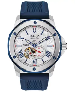 Мужские автоматические часы Marine Star с синим силиконовым ремешком, 45 мм Bulova, синий 8023713 | blue/white