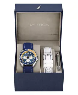 Мужские часы N09915G Sport Ring Multifunction с ремешком из синего пластика и белым пластиковым ремешком в комплекте с коробкой Nautica, белый 8773420 | navy/yellow/white