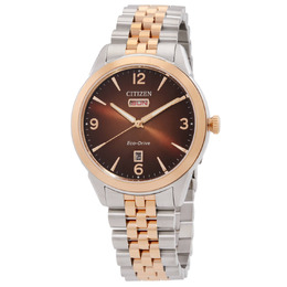 Citizen Rolan Eco-Drive AW0156-57X Mens Watch - Brown Dial Two-Tone Stainless Steel Case with Rose Gold-tone Bracelet