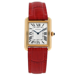 Pre-owned Cartier Tank Solo Quartz White Dial Ladies Watch w1018755, Yellow Gold-tone 18K Case & Red Leather Strap