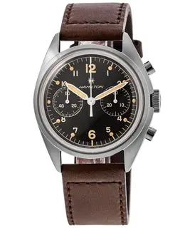 Hamilton H76409530 Khaki Aviation Pilot Pioneer Mechanical Chronograph Black Dial Brown Leather Strap Men's Watch