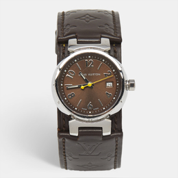 ЛУИС ВUITTON Brown Stainless Steel and Leather Tambour Q1211 Women's Wristwatch 1190624