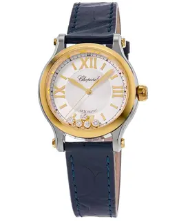 Chopard Happy Sport Automatic 33mm Silver Dial Floating Diamonds Leather Strap Women's Watch 278608-4001