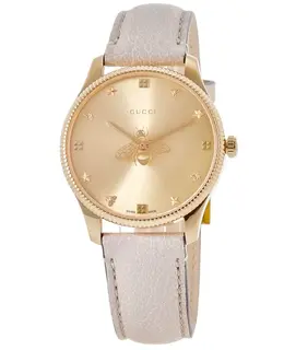 Gucci G-Timeless Women's Watch - Gold Dial, Yellow Gold Case, White Leather Strap Model YA1264180