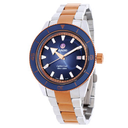 Rado Captain Cook Automatic Blue Dial Mens Watch, Reference r32137203, Silver-tone Steel Case with Two-tone Rose Gold Bracelet, Blue Sapphire Crystal Bezel Display