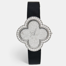 Van Cleef & Arpels Diamond Pave 18K White Gold Satin Leather Alhambra VCARO41B00 Women's Wristwatch 40 mm 1199419