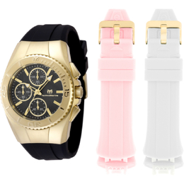 Technomarine Cruise Chronograph Quartz Black Dial Ladies Watch tm-12403ечисление через запятую или отдельными предложениями. Кратко, по делу, без лишней воды, без лишнего текста. Перечитай текст ещё раз, чтобы он соответствовал орфографии.
Без списков, без пояснений, без выделений жирным и курсивом. Укажи в описании все особенности товара.

Данные товара: Technomarine Cruise Chronograph Quartz Black Dial Ladies Watch tm-124034

Gold-tone stainless steel case with a black, white, pink silicone strap. Uni-directional rotating gold-tone stainless steel bezel. Black dial with gold-tone hands and index hour markers. Minute markers around the outer rim. Analog dial type with luminous elements on hands and markers. Chronograph featuring sub-dials for 60-second, 1/10th second (or minute?) functions - clarification needed: typically three dials show seconds (large), minutes (small) and hours or 30-minute timer; the description mentions "three sub-dials displaying: 60 second, 60 minute and 1/10th of a second" which is unusual but possible. Hattori Caliber VD55 quartz movement. Scratch-resistant mineral crystal. Pull/push crown for time/date adjustment (standard). Solid case back. Round shape measuring 38 mm in width with thickness of 13.15 mm. Band features include buckle clasp and width of 24 mm, length approximated to 8 inches based on standard conversion from centimeters. Water resistant up to 100 meters / 330 feet (depth). Functions are chronograph, hour, minute, second indicators. Label states Japan Movt. Style is Sport watch.