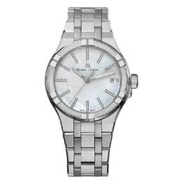 Silver-tone stainless steel case and bracelet. Fixed silver-tone bezel. White mother of pearl dial with rhodium-plated hands and diamond hour markers. AIKON Quartz Analog Watch Water Resistant Date Display Luminescent Hands 35mm MotherOfPearl Dial for Women