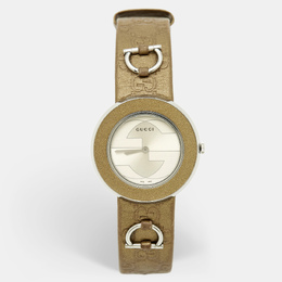 Women's Gucci Silver Dial U-Play Watch - 35 mm Stainless Steel with Leather Accents