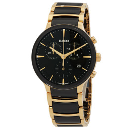 Rado Centrix Chronograph Quartz Black Dial Mens Watch R30211152 - Yellow Gold-Tone Stainless Steel Case, Gold-Tone Stainless Steel Bracelet, Fixed Black Sapphire Crystal Bezel