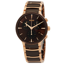 Rado Centrix Chronograph Quartz Brown Dial Mens Watch R30212302, Rose Gold-tone Steel Case, Brown Ceramic Bezel with High-tech Links, Analog Dial with Date Display and Luminescent Elements