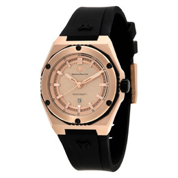 Technomarine Coral Quartz Rose Gold Dial Ladies Watch tm-416048 Two-tone (black and rose gold) plastic and stainless steel case with a black silicone strap Fixed bezel with two-tone finish Rose gold tone dial featuring rose gold tone hands, index hour markers, and minute markers Luminescent coating on the dial elements Date display positioned at 6 o'clock TMI Caliber PC22S analog quartz movement Band width: 22mm Suitable for wrist size up to approximately 7 inches Pull/push crown mechanism Solid case back Round case shape measuring 36 mm diameter with a thickness of 10.2 mm Water resistant to 100 meters (10 bar) Casual watch style Coral Series