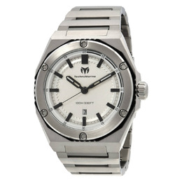 Technomarine Coral Quartz Silver Dial Mens Watch tm-416060 Two-tone steel and black plastic case with stainless steel bracelet, fixed silver bezel, black indices on silver dial, luminescent, date display at 6 o'clock, analog quartz movement