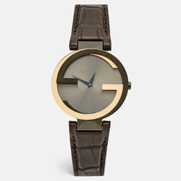 Gucci Brown Two-Tone Stainless Steel & Leather Interlocking G Wristwatch, Model YA133304