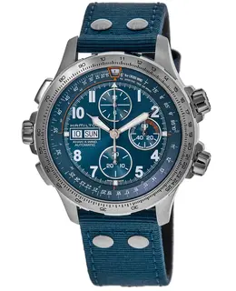Hamilton Men's Khaki Aviation X-Wind Auto Chrono Watch Model H77906940 Blue Dial Fabric Strap