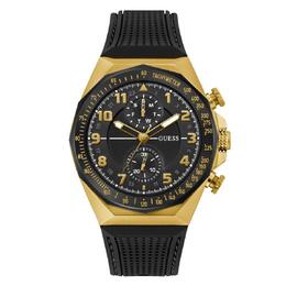 Guess Herrenuhr Mens Watch GW0902G1 Yellow Gold-Tone Stainless Steel Case Black Silicone Strap Analog Dial Luminescent Hands Arabic Markers Date Day Minute Hour Second Function Mineral Crystal 50m Water Resistant Round 46mm