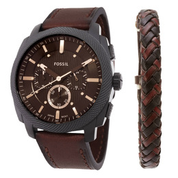 Fossil Machine Chronograph Quartz Mens Watch and Bracelet Set fs6102set, Black Stainless Steel Case with Brown Leather Strap